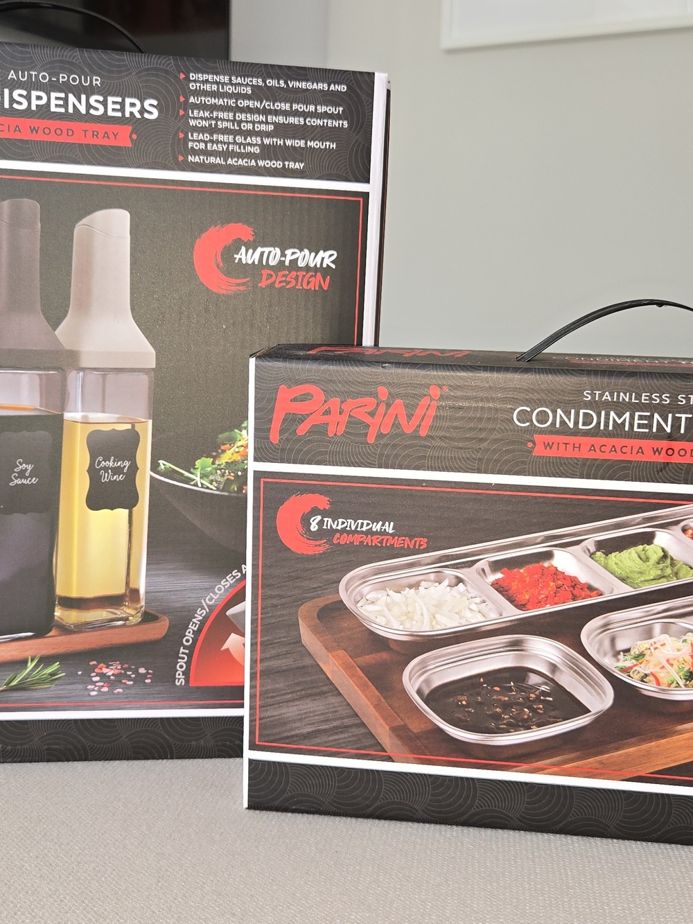 Parini 4 Piece Auto Pour Sauce Dispensers + Condiment Trays BRAND NEW